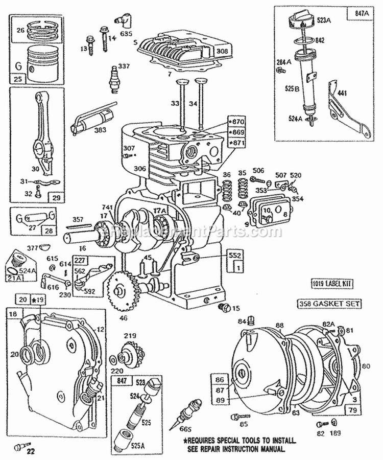 CylinderGearcasePiston Grp Diagram and Parts List for  Briggs and Stratton Engine